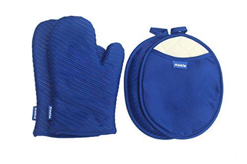 Product Cover Honla Silicone Striped Pot Holders and Oven Mitts/Gloves-Quilted Cotton&Terry Cloth Lining,4-Piece Heat Resistant Kitchen Linens Set for Grilling,BBQ,Baking,Cooking-2 Hot Pads and 2 Potholders,Blue by Honla