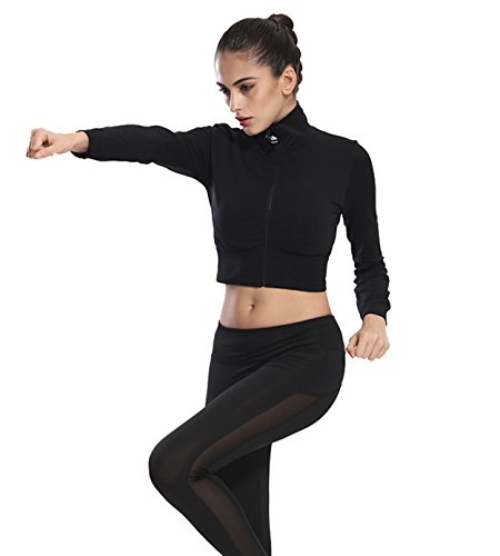 Product Cover Women's Sports Workout Zip Up Long Sleeve Sweetshirt Fitted Crop Top (S/M, black)
