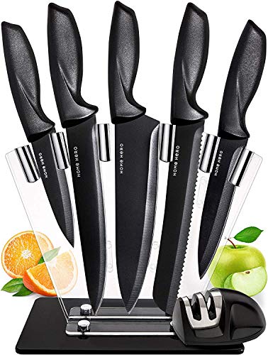 Product Cover Chef Knife Set Knives Kitchen Set - Stainless Steel Kitchen Knives Set Kitchen Knife Set with Stand - Plus Professional Knife Sharpener - 7 Piece Stainless Steel Cutlery Knives Set by Home Hero