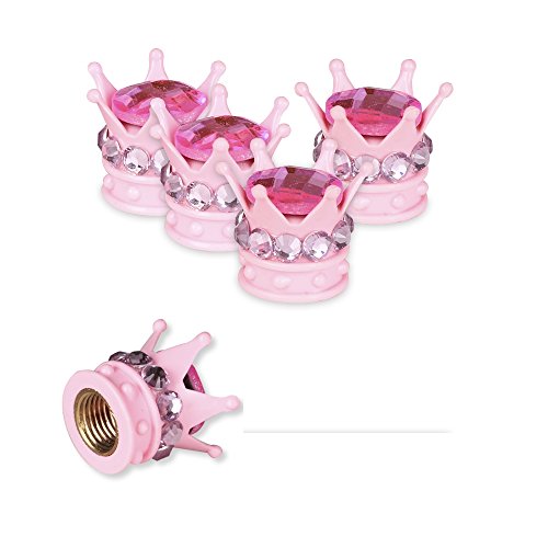 Product Cover Mini-Factory Chrome Tire Valve Stem Caps Bling Diamond Crown Tire Wheel Stem Valve Caps for Car and Motorcycle (All Pink)