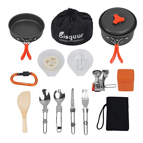 Product Cover Bisgear 16 Pcs Camping Cookware Stove Carabiner Bug Out Bag Cookset Folding Spork Set Outdoor Camping Hiking Backpacking Non-Stick Cooking Picnic Knife Spoon