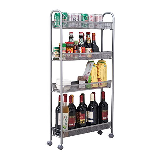 Product Cover HOMFA 4-Tier Gap Kitchen Slim Slide Out Storage Tower Rack with Wheels, Cupboard with Casters - Silver