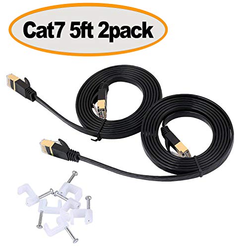 Product Cover Cat 7 Ethernet Cable 5 ft (2 Pack) Black - Shielded (SSTP) Flat Computer Cable with Snagless Rj45 Connectors- 5 feet (2 Pack)