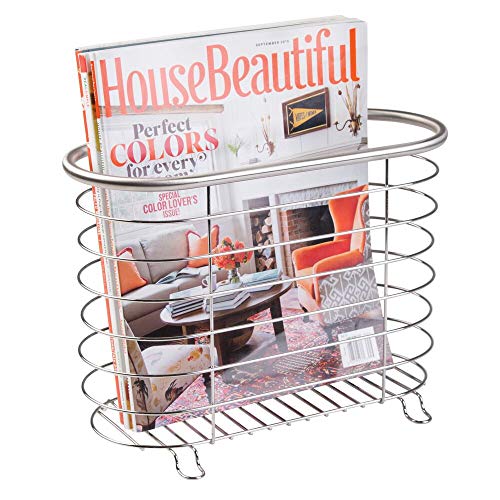 Product Cover mDesign Decorative Metal Farmhouse Magazine Holder and Organizer Bin - Standing Rack for Magazines, Books, Newspapers, Tablets in Bathroom, Family Room, Office, Den - Brushed