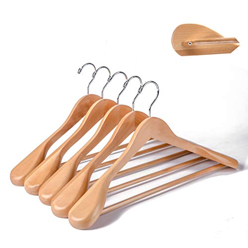 Product Cover Amber Home Deluxe Curved Solid Wood Coat Hanger, Suit Hanger, Jacket Hanger with Sturdy Non-Slip Bar, Smooth Finish, Wide Shoulder,5 Pack (Natural Color)