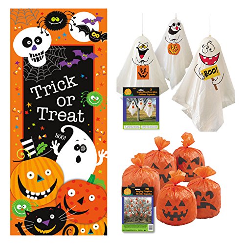 Product Cover Outdoor Halloween Decor Set - Door Poster, Pumpkin Leaf Bags, Hanging Ghost Decorations
