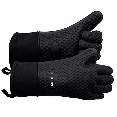 Product Cover GEEKHOM Grilling Gloves, Heat Resistant Gloves BBQ Kitchen Silicone Oven Mitts, Long Waterproof Non-Slip Potholder for Barbecue, Cooking, Baking (Black)