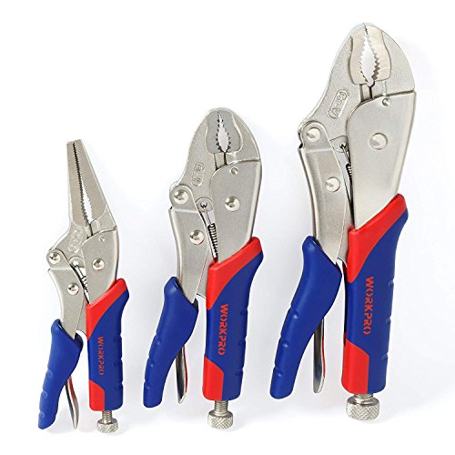 Product Cover WORKPRO 3-Piece Locking Pliers Set, Chrome-vanadium Steel, 10-inch and 7-inch Curved Jaw, 6-1/2-inch Straight Jaw, for Home & Workshop Use, W001310A