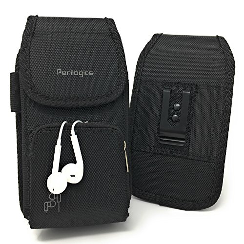Product Cover Perilogics Belt Holster for iPhone 11, 11 Pro Max, Xs Max, Xr, 8 Plus with Armor Type Phone Cases. Strong Velcro Closure with Dual Directional Zipper Storage and Credit Card Pocket. (Black/Velcro)