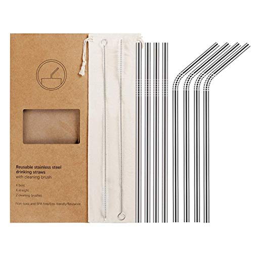 Product Cover YIHONG Set of 8 Reusable Stainless Steel Metal Straws- Ultra Long 10.5 Inch- Regular Size 6 mm Wide - 30oz Tumblers Compatible - 4 Straight+ 4 Bent+ 2 Brushes+ 1 Pouch