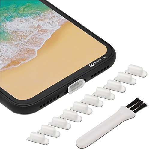 Product Cover PortPlugs Anti Dust Plugs (10 Pack) - Compatible with iPhone 11, X, XS, XR, 8, 7, 6 Plus, Max, Pro - Port Cleaning Brush Included (Clear)