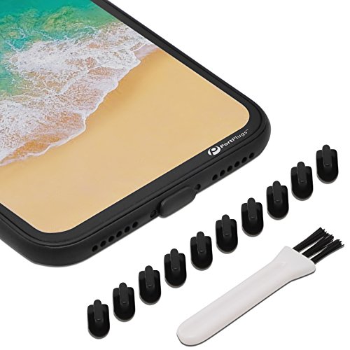 Product Cover PortPlugs - Anti Dust Plugs - Compatible with iPhone 7, 8 Plus, X, XS, XR (10 Pack) - Port Cleaning Brush Included (Black)