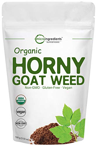 Product Cover Maximum Strength Organic Horny Goat Weed for Men and Women (Epimedium Supplement 100 Grams), Powerfully Supports Energy, Libido and Stamina, Water Soluble for Best Absorption and Vegan Friendly.
