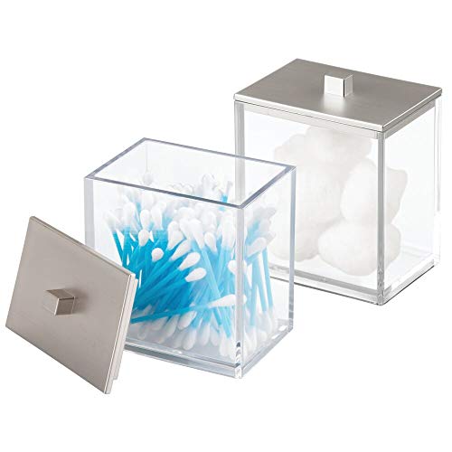 Product Cover mDesign Modern Square Bathroom Vanity Countertop Storage Organizer Canister Jar for Cotton Swabs, Rounds, Balls, Makeup Sponges, Bath Salts - 2 Pack - Clear/Brushed