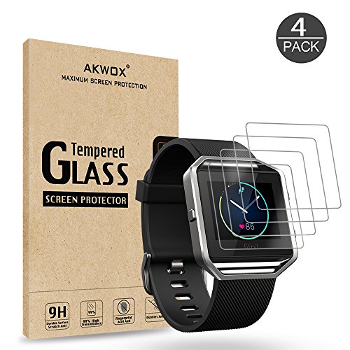 Product Cover (Pack of 4) Tempered Glass Screen Protector for Fitbit Blaze Smart Watch, Akwox [0.3mm 2.5D High Definition 9H] Premium Clear Screen Protective Film for Fitbit Blaze