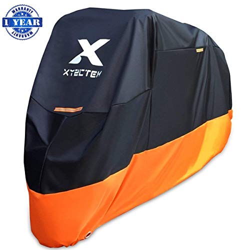 Product Cover XYZCTEM Motorcycle Cover - All Season Waterproof Outdoor Protection - Precision Fit for 100 inch Tour Bikes, Choppers and Cruisers - Protect Against Dust, Debris, Rain and Weather(XXL,Black& Orange)