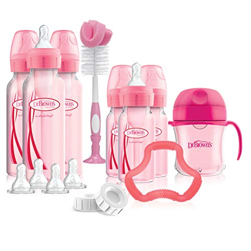 Product Cover Dr. Brown's Options+ Baby Bottles Pink Gift Set with Silicone Teether, Pink Sippy Cup, Pink Bottle Brush and Travel Caps, Includes 6 Narrow Pink Baby Bottles