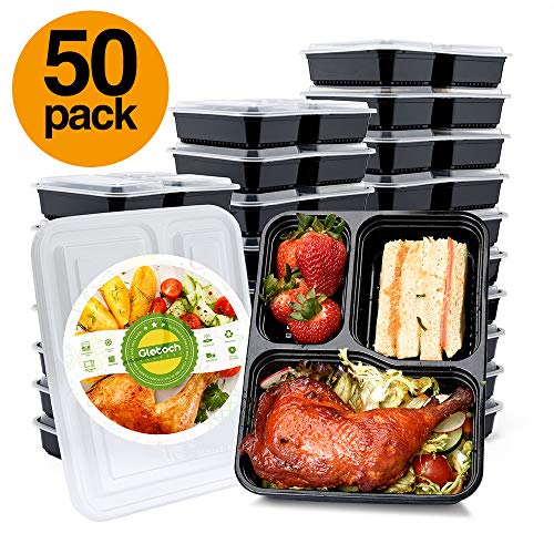 Product Cover Glotoch 50 Pack 34 Ounce Lunch Box Containers Set with Lid for Meal Prep and Portion Control in 3 compartment food containers-Microwaveable, Freezer & Dishwasher Safe