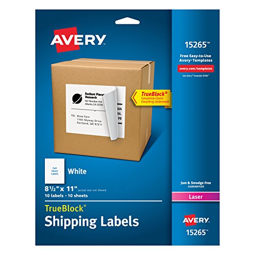 Product Cover Avery Shipping Address Labels, Laser & Inkjet Printers, 10 Labels, Full Sheet Labels, Permanent Adhesive, TrueBlock (15265)