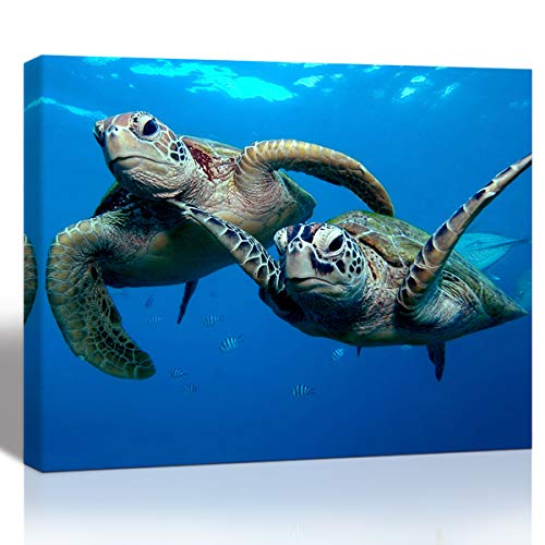 Product Cover Purple Verbena Art 1 Panel Two Submarine Turtles Under The Sea Pictures Prints on Canvas Walls Paintings, Modern Seaview Animal Giclee Wall Artwork for Home Decor, Stretched and Framed, 12x16 Inch