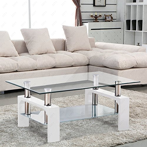 Product Cover SUNCOO Coffee Table Glass Top with Shelves Home Furniture Clear Rectangle (White)