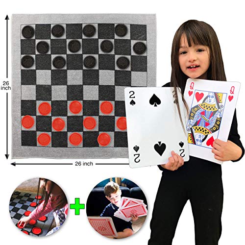 Product Cover Elite Sportz Jumbo Playing Cards and Giant Checkers Combo - Giant Indoor Outdoor Yard Games Including a Giant Checkers Rug for Kids, Tic Tac Toe and Large Cards - Durable Zipup Carry Bag for Storage