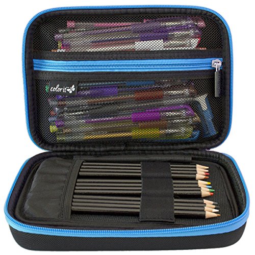 Product Cover ColorIt Large Pencil Box Case Storage for Colored Pencils, Gel Pens, Markers, Brushes, Craft Supplies - [New Black Label] Semi-Hard EVA Carrying Pouch Case Only (Blue)