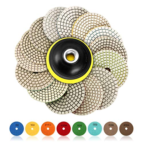Product Cover SPTA 15pcs Diamond Wet Polishing Pads Set, 4 inch Pads for Granite Stone Concrete Marble Floor Grinder or Polisher, 50#-6000# with Hook & Loop Backing Holder Pads for Wet Polisher
