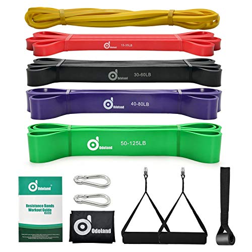 Product Cover Odoland 5 Packs Pull Up Assist Bands, Pull Up Straps, Resistance Bands with Door Anchor and Handles, Stretch Mobility, Powerlifting and Extra Durable Exercise Bands with eGuide