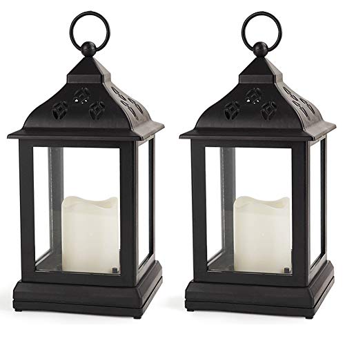 Product Cover Bright Zeal /Pack of 2/ Vintage Candle Lantern with LED Flickering Flameless Candle (Black, 8hr Timer, Batteries Included) - Outdoor Hanging Lantern LED - Decorative Lanterns Battery Powered