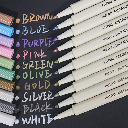 Product Cover PuTwo Metallic Markers, 10 Assorted Colors Water Proof Metallic Paint Pen Metalic Marker Pens,  Fine Tip Metallic Calligraphy Marker, Multi Surfaces Metallic Paint Marker for Rock, Glass, Cardstock
