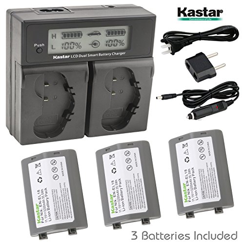 Product Cover Kastar LCD Dual Smart Fast Charger & Battery (3 PACK) for Nikon EN-EL18, EN-EL18a, ENEL18, ENEL18a, MH-26, MH-26a, MH26 and Nikon D4, D4S, D5 Digital SLR Camera, Nikon MB-D12, D800, D800E Battery Grip