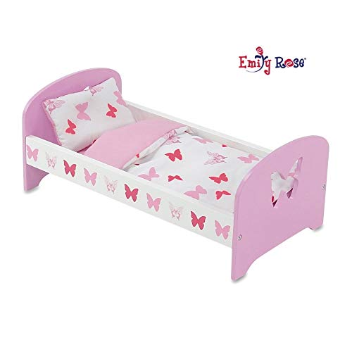 Product Cover Emily Rose 18 Inch Doll Bed Furniture for My Life Dolls | Doll Bed with Butterfly, Includes Plush Reversible Doll Bedding | Fits 18