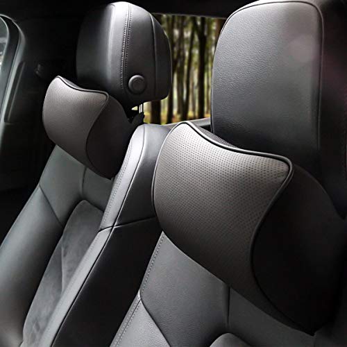 Product Cover Aukee Car Headrest Pillow with Genuine Leather Memory Foam Supplier Black (Pack of 2)