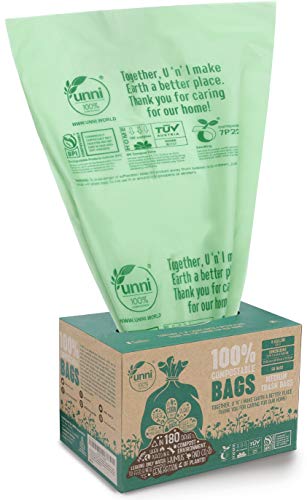 Product Cover UNNI ASTM D6400 100% Compostable Trash Bags, 6-8 Gallon, 30L, 50 Count, Heavy Duty 0.85 Mils, Medium Home Garbage Liners, Portable Toilet Replacement Bags, US BPI and Europe OK Compost Home Certified