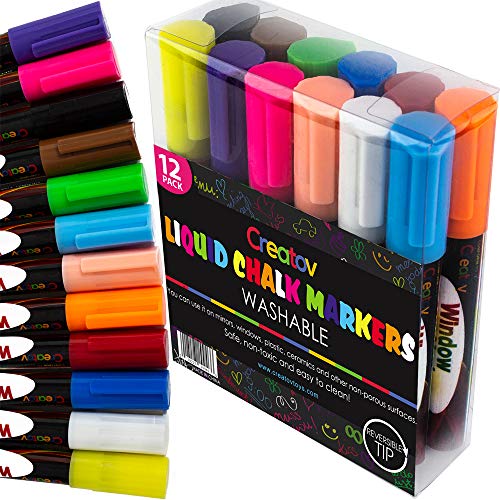 Product Cover Liquid Chalkboard Window Chalk Markers -12 Pack Erasable Pens Great for Chalkboards & Glass - Non Toxic Safe & Easy to Use Washable Marker Neon Bright Vibrant Colors Pen for Kids and Adult