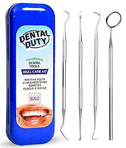 Product Cover Dental Duty Hygiene Kit, Calculus and Plaque Remover Set, Stainless Steel Tarter Scraper, Tooth Pick, Dental Scaler and Mouth Mirror, Dentist Home Use Tools, Blue