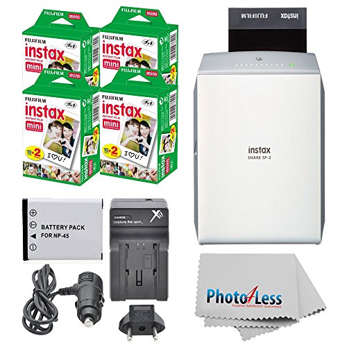 Product Cover Fujifilm instax SHARE Smartphone Printer SP-2 (Silver) + Fujifilm Mini Twin Pack (80 Shots) + Travel Charger & Extra Battery + Cleaning Cloth + Filming Bundle - International Version (No Warranty)
