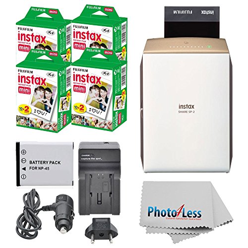 Product Cover Fujifilm instax SHARE Smartphone Printer SP-2 (Gold) + Fujifilm Mini Twin Pack (80 Shots) + Travel Charger & Extra Battery + Cleaning Cloth + Portable Printer Bundle