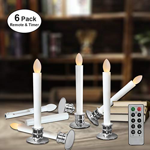 Product Cover Window Candles with Remote Timers Battery Operated Flickering Flameless Led Electric Candle Lights with Removable Tapers Pillar Candle Holders for Christmas Decorations 6pcs Silver Base