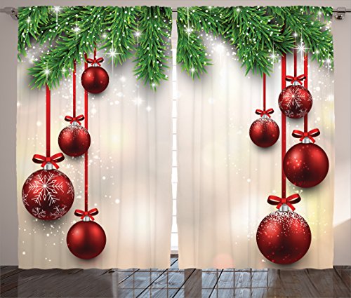 Product Cover Ambesonne Christmas Curtains, Xmas Traditional Winter Season Theme Fir Twigs and Vibrant Balls Graphic Print, Living Room Bedroom Window Drapes 2 Panel Set, 108