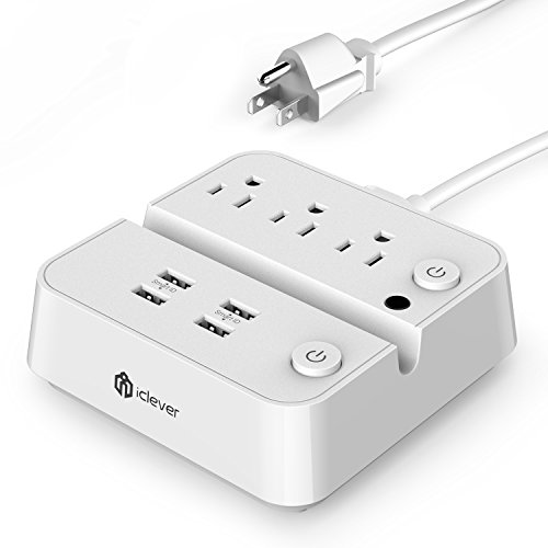 Product Cover iClever BoostStrip IC-BS02 Power Strip | USB Charger with 4 USB + 3 AC Outlets, Dual Switch Control Charging Station and Phone / Tablet Stand 5ft Extension Cord- White