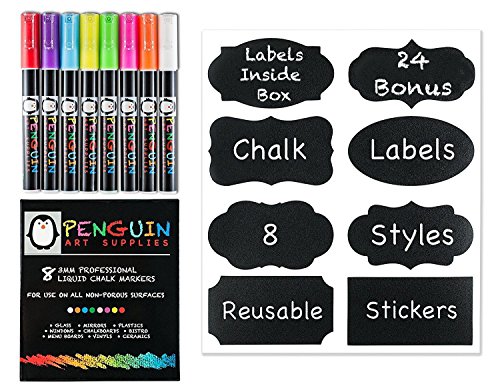 Product Cover Professional Artist 3MM Fine Tip Chalk Marker Pens - Set of 8 Color Wet Erase Markers + BONUS 24 Chalk Board Stickers