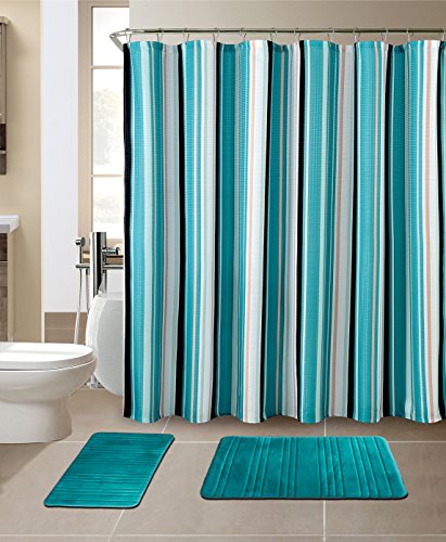Product Cover All American Collection New 15 Piece Bathroom Mat Set Memory Foam with Matching Shower Curtain (Stripe Turquoise)