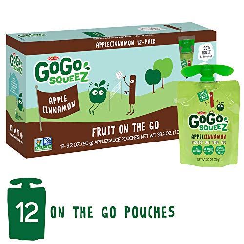 Product Cover GoGo squeeZ Applesauce on the Go, Apple Cinnamon, 3.2 Ounce (12 Count), Gluten Free, Vegan Friendly, Healthy Snacks, Unsweetened Applesauce, Recloseable, BPA Free Pouches