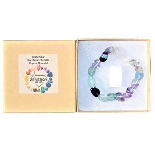 Product Cover Charged Rainbow Fluorite Crystal Bracelet Tumble Polished Stretchy + Selenite Charging Crystal Included Increase Clarity & Focus, Remove Energy Blocks & Cleanse Your Aura) Healing Energy)