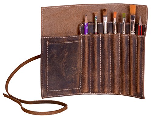 Product Cover KomalC Leather Pen case Pencil Holder Leather Stationary case Pouch for Students and Artists KOMALC Genuine Leather Pen Pencil Roll - Pen and Pencil Case Pouch