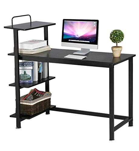 Product Cover Yaheetech Home Computer Desk with 4 Tiers Shelves, Wooden Writing Desk PC Laptop Table Workstation with Bookshelves for Office, Black