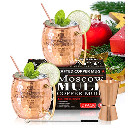 Product Cover Moscow Mule Copper Mugs - Set of 2-100% HANDCRAFTED - Food Safe Pure Solid Copper Mugs - 16 oz Gift Set with BONUS: Highest Quality Cocktail Copper Straws, Straw Cleaning Brush and Jigger!