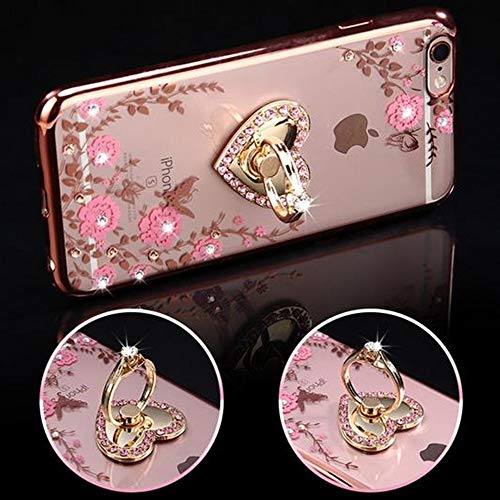 Product Cover iPhone 7 Plus Floral Crystal TPU Case-Lozeguyc Soft Slim Bling Plating Rubber Cover for iPhone 7 Plus 5.5 Inch with Rhinestone Diamond and Detachable 360 Ring Stand-Rose Gold and Pink